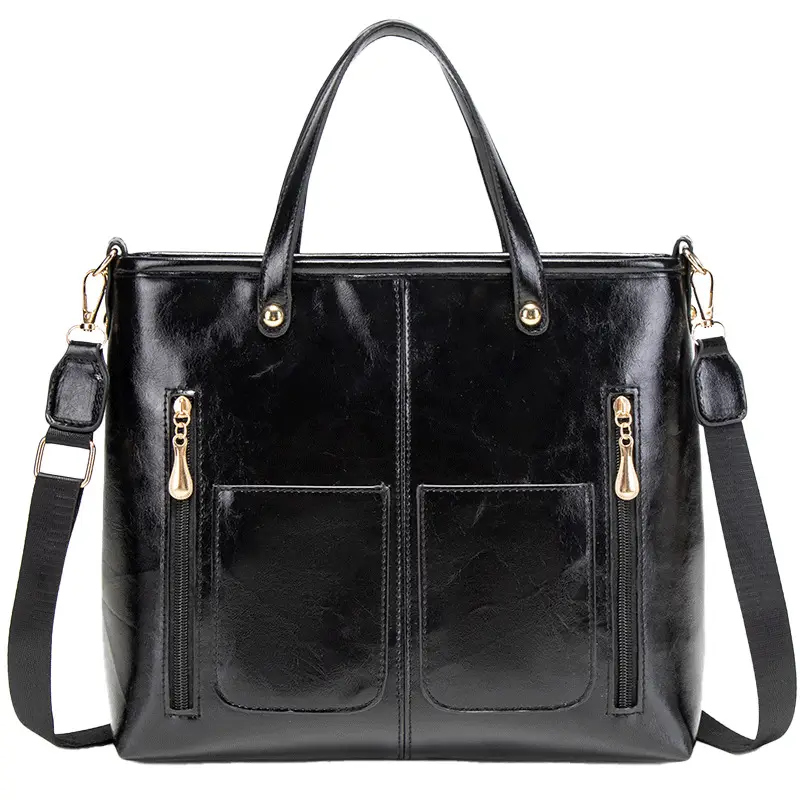 Women's Large Capacity Tote Bag Brown Black Leather - Image 5