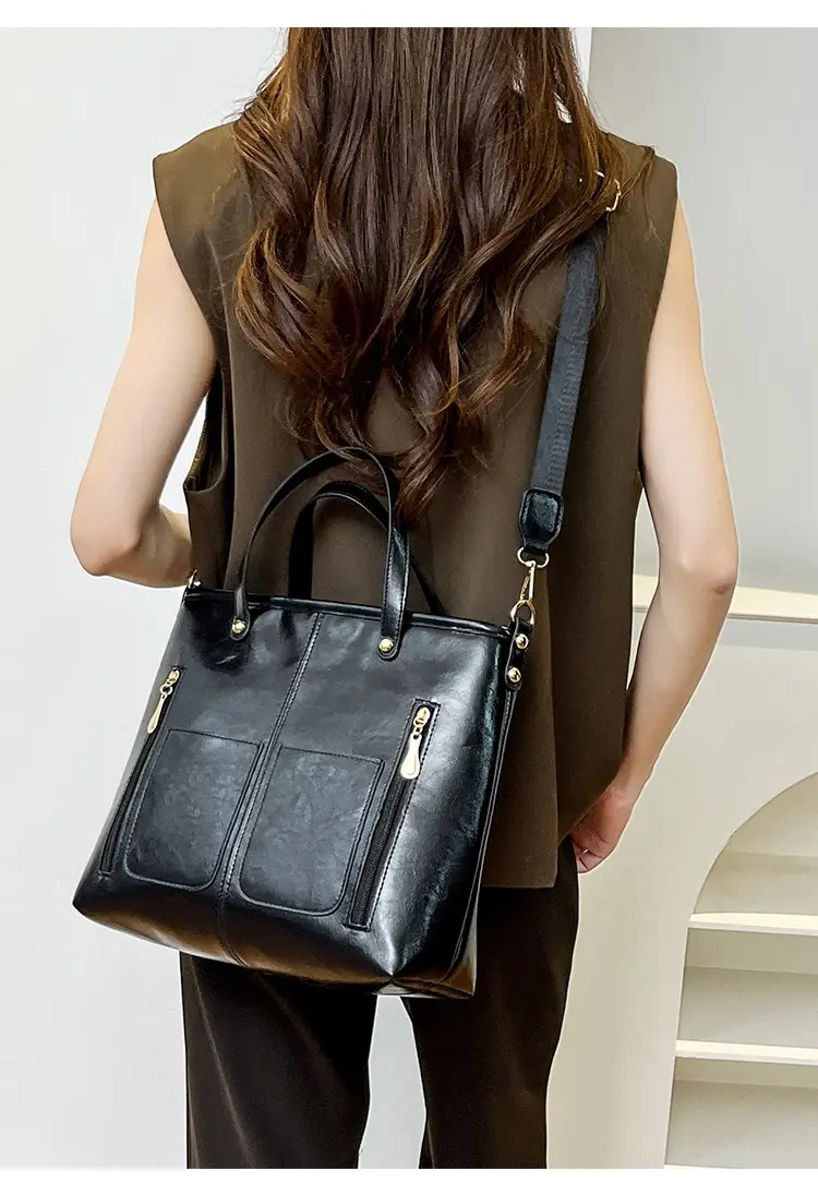 Women's Large Capacity Tote Bag Brown Black Leather — feature 14