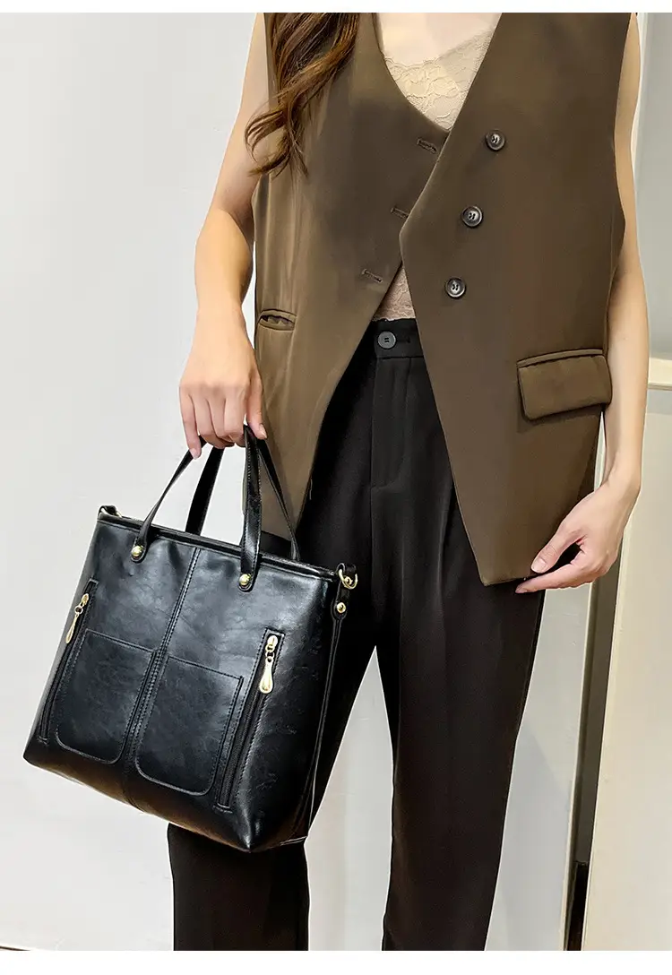 Women's Large Capacity Tote Bag Brown Black Leather — feature 16