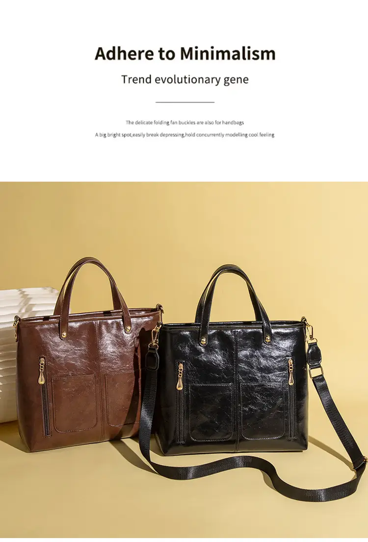 Women's Large Capacity Tote Bag Brown Black Leather — feature 2