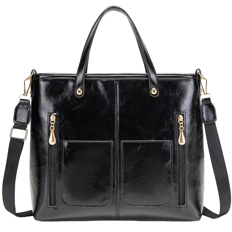 Women's Large Capacity Tote Bag Brown Black Leather — feature 22