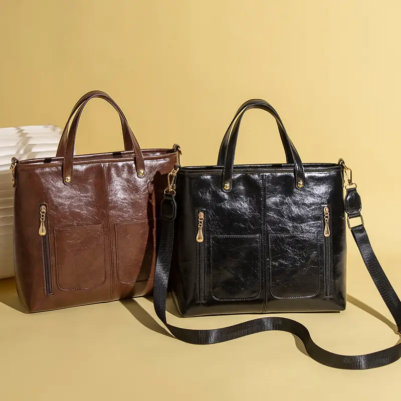 Women's Large Capacity Tote Bag Brown Black Leather — feature 25