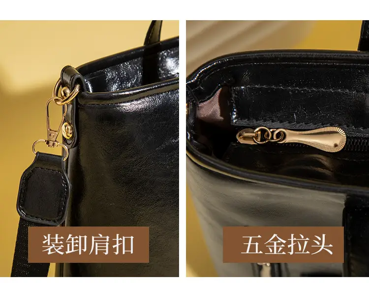 Women's Large Capacity Tote Bag Brown Black Leather — feature 5