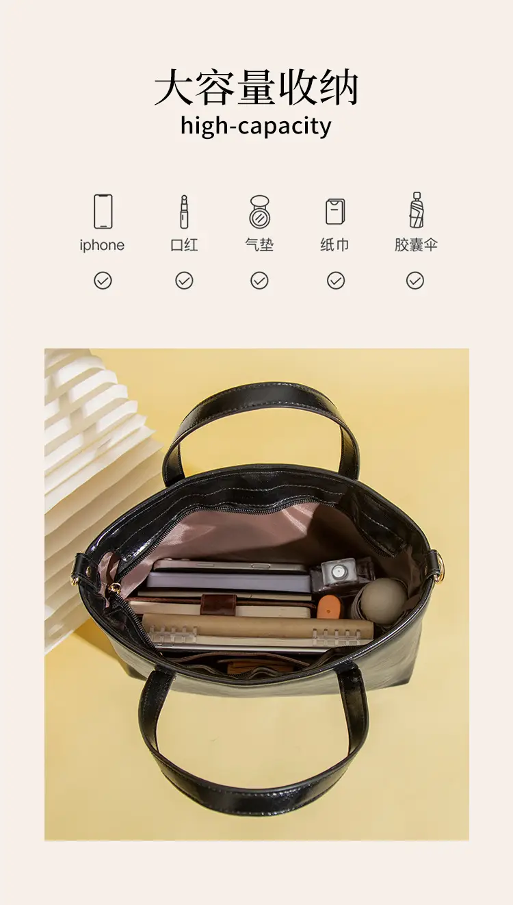 Women's Large Capacity Tote Bag Brown Black Leather — feature 7
