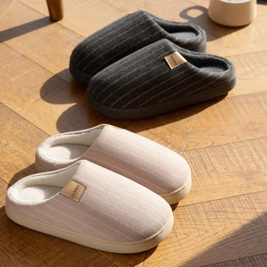 Casual Stripesd Cotton Slippers for Women, Indoor Home, Autumn and Winter Non-Slip Fleece-Lined Warm Slippers, Winter Men's Home - Image 5