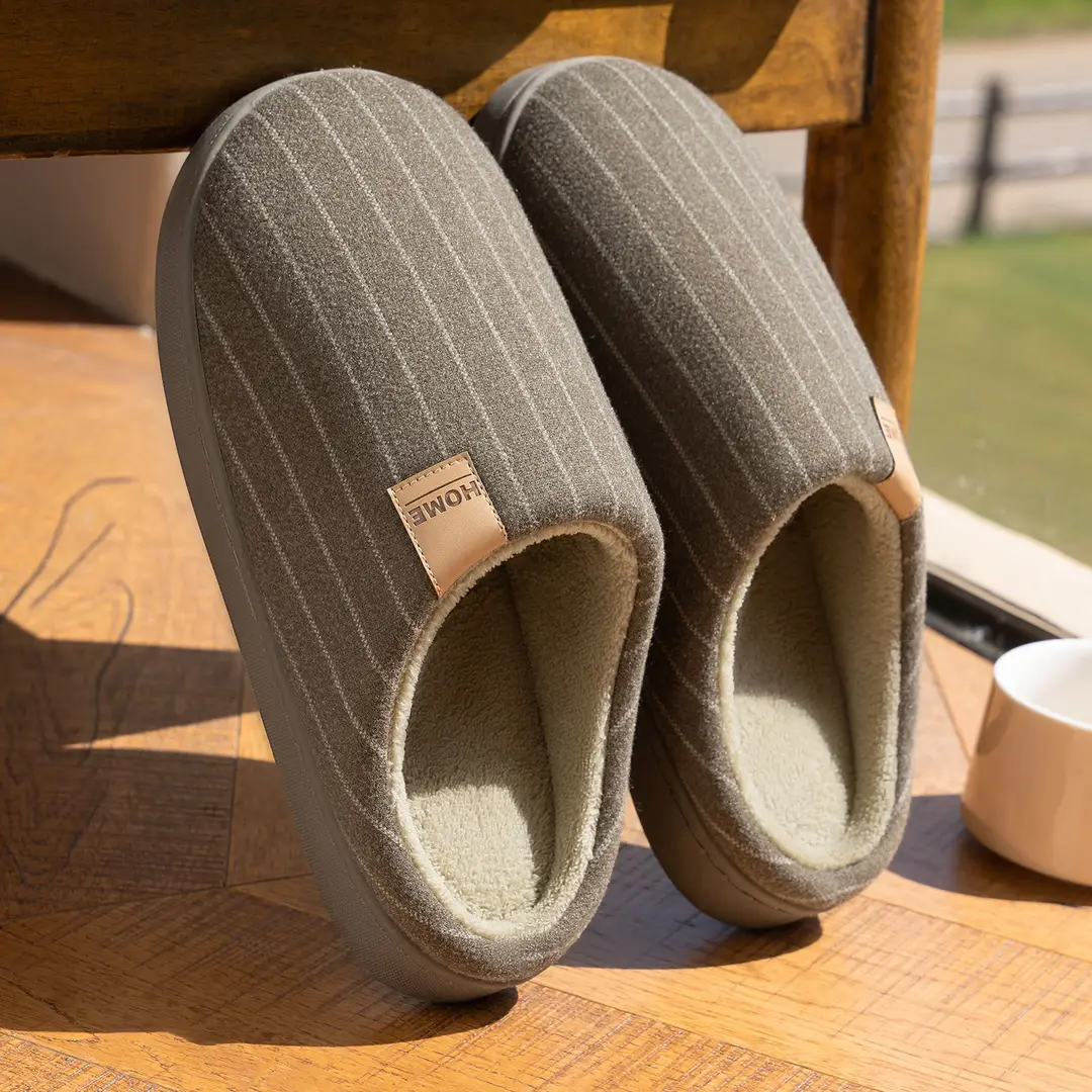Casual Stripesd Cotton Slippers for Women, Indoor Home, Autumn and Winter Non-Slip Fleece-Lined Warm Slippers, Winter Men's Home - Image 7