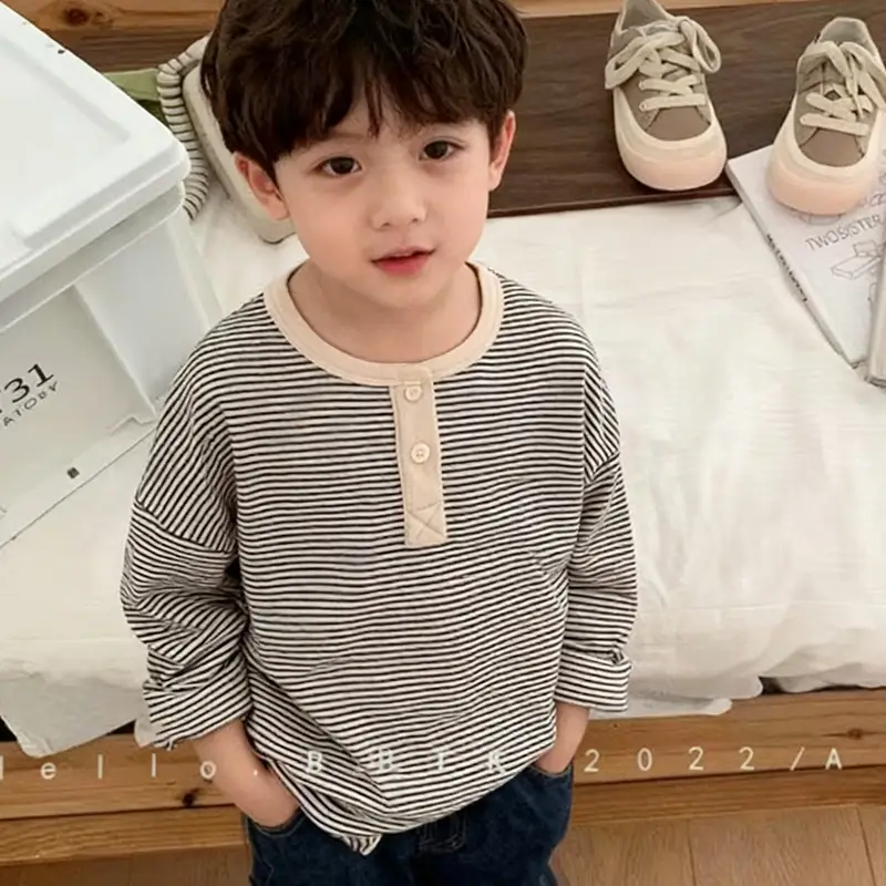 Kids Long Sleeve Striped T-Shirt Boys Black White - Image 2