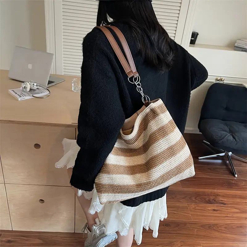 Rainbow Striped Woven Shoulder Bag for Women - Image 6