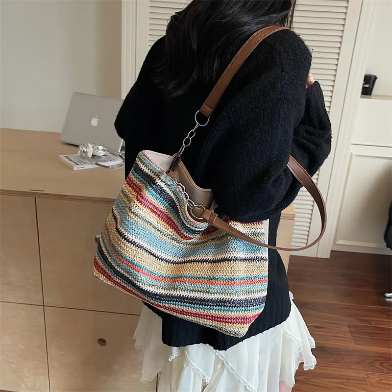 Rainbow Striped Woven Shoulder Bag for Women - Image 7