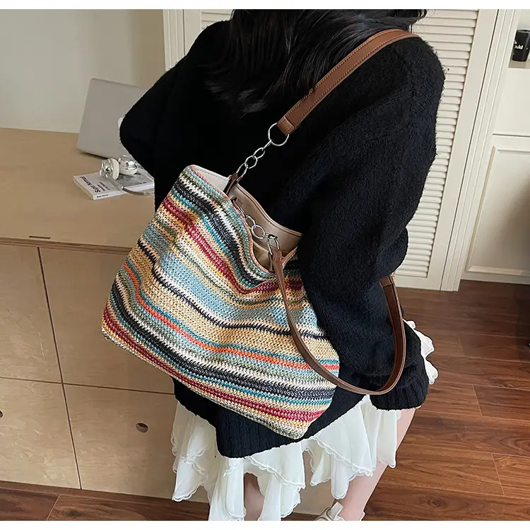 Rainbow Striped Woven Shoulder Bag for Women — feature 21