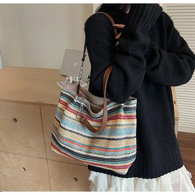 Rainbow Striped Woven Shoulder Bag for Women — feature 22