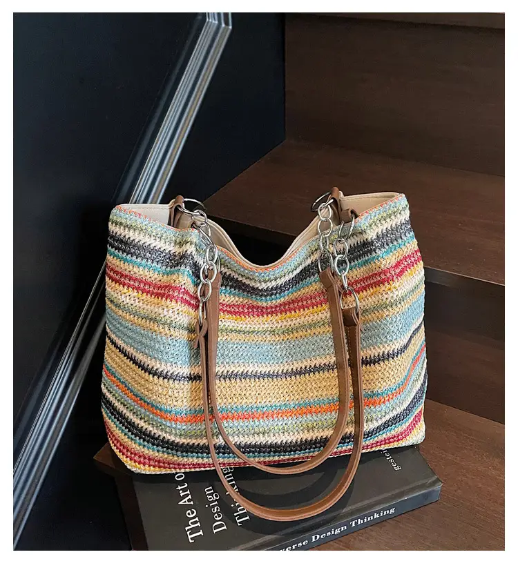 Rainbow Striped Woven Shoulder Bag for Women — feature 3