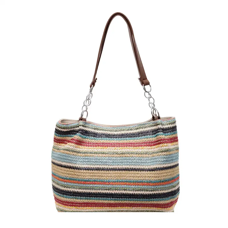 Rainbow Striped Woven Shoulder Bag for Women - Image 3