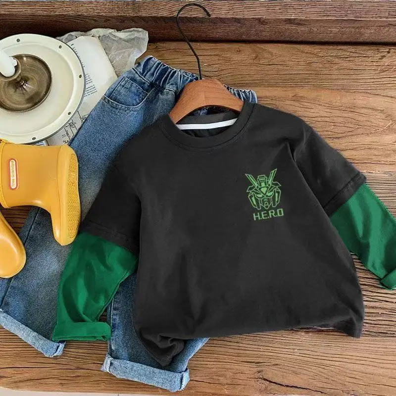 Boys Long Sleeve Fake Two-Piece T-Shirt Black Green Cartoon Bottoming Shirt Korean Style - Image 5
