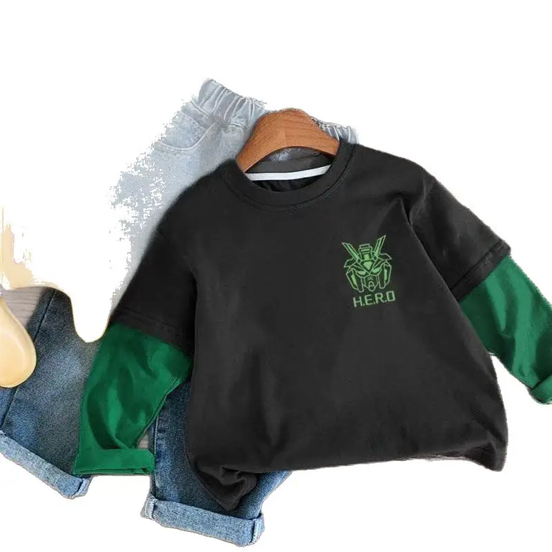 Boys Long Sleeve Fake Two-Piece T-Shirt Black Green Cartoon Bottoming Shirt Korean Style - Image 6
