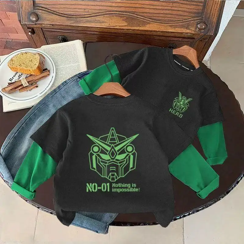 Boys Long Sleeve Fake Two-Piece T-Shirt Black Green Cartoon Bottoming Shirt Korean Style — feature 1
