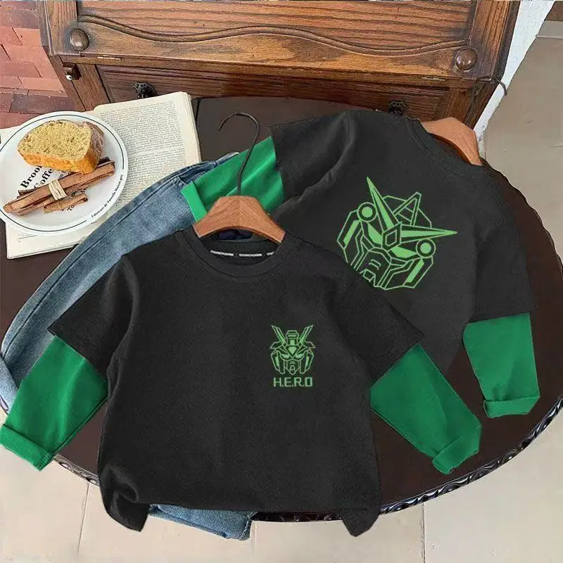 Boys Long Sleeve Fake Two-Piece T-Shirt Black Green Cartoon Bottoming Shirt Korean Style — feature 3