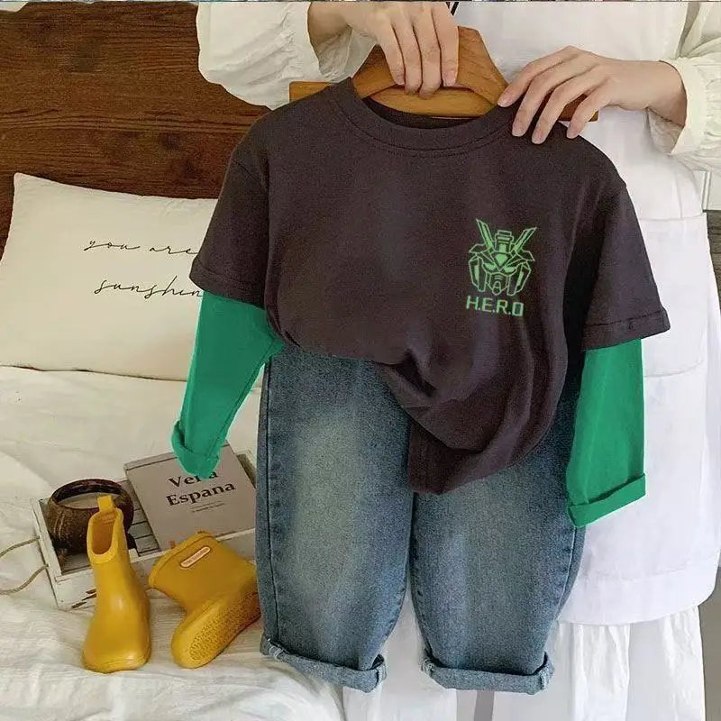 Boys Long Sleeve Fake Two-Piece T-Shirt Black Green Cartoon Bottoming Shirt Korean Style — feature 4