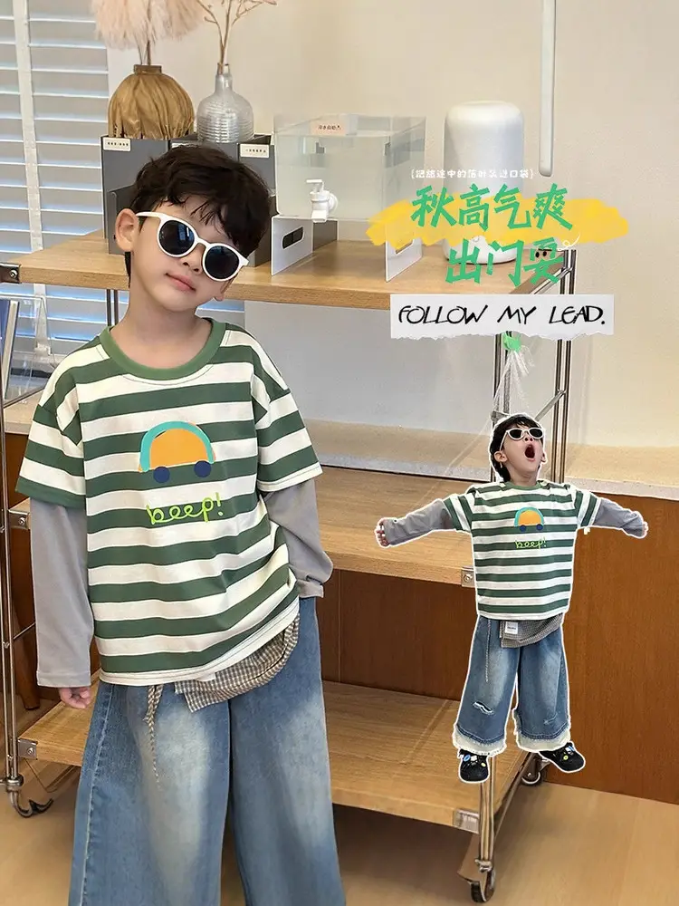 Boys Faux Striped T-Shirt Autumn 2026 Green White - Image 3