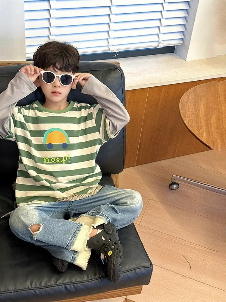 Boys Faux Striped T-Shirt Autumn 2026 Green White - Image 4