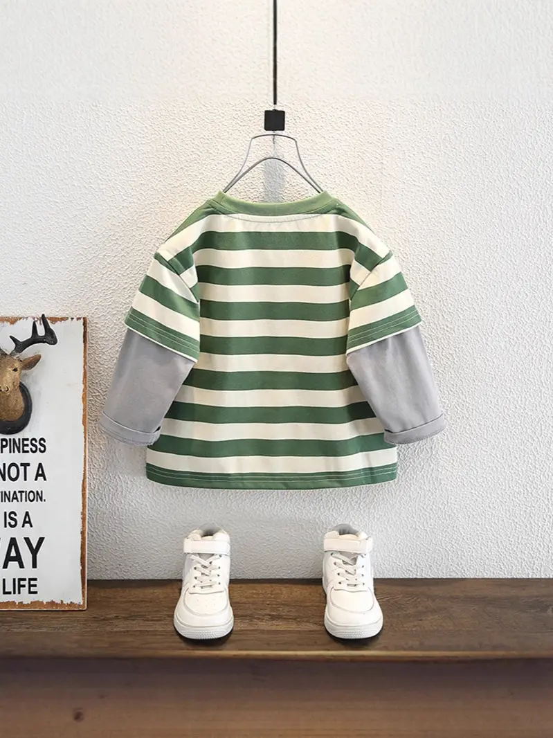 Boys Faux Striped T-Shirt Autumn 2026 Green White - Image 5