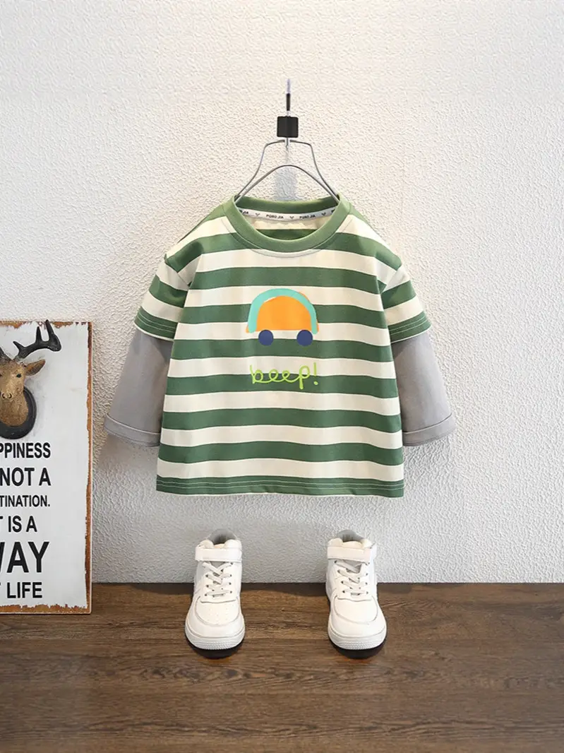 Boys Faux Striped T-Shirt Autumn 2026 Green White - Image 6