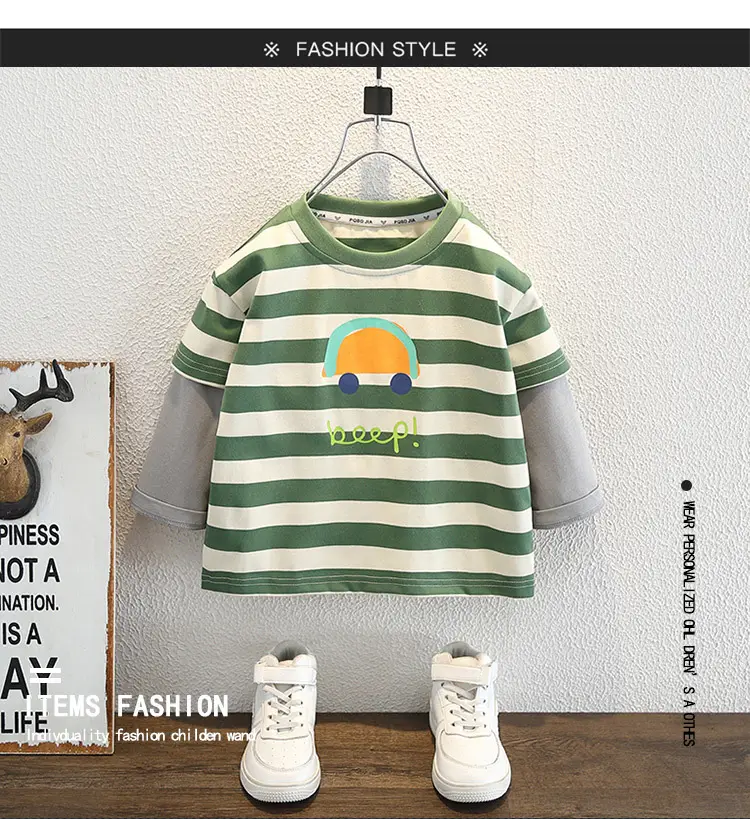 Boys Faux Striped T-Shirt Autumn 2026 Green White — feature 1