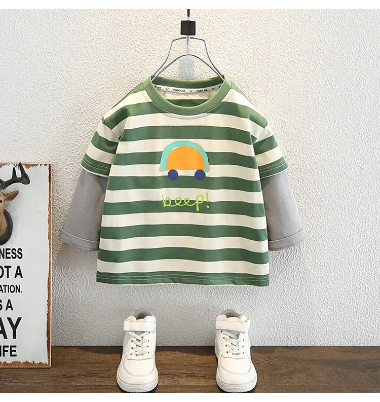 Boys Faux Striped T-Shirt Autumn 2026 Green White — feature 10