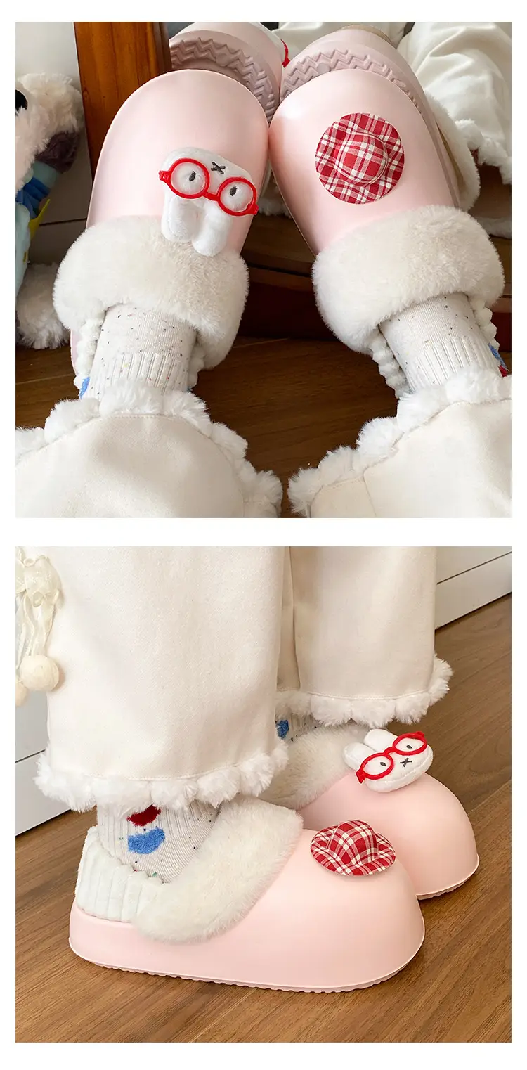 Cartoon Miffy Warm Slippers Women Pink Fleece Lined — feature 13