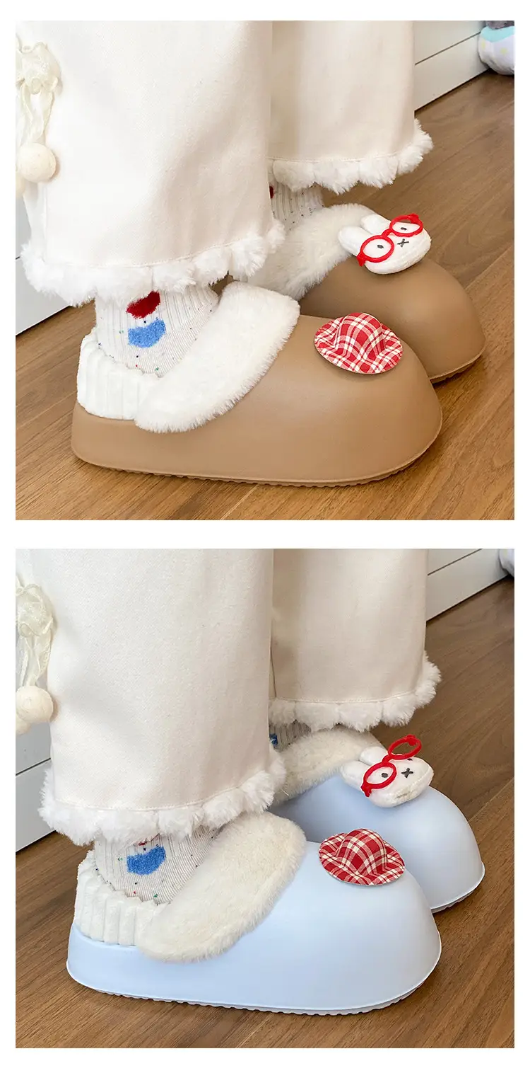 Cartoon Miffy Warm Slippers Women Pink Fleece Lined — feature 14