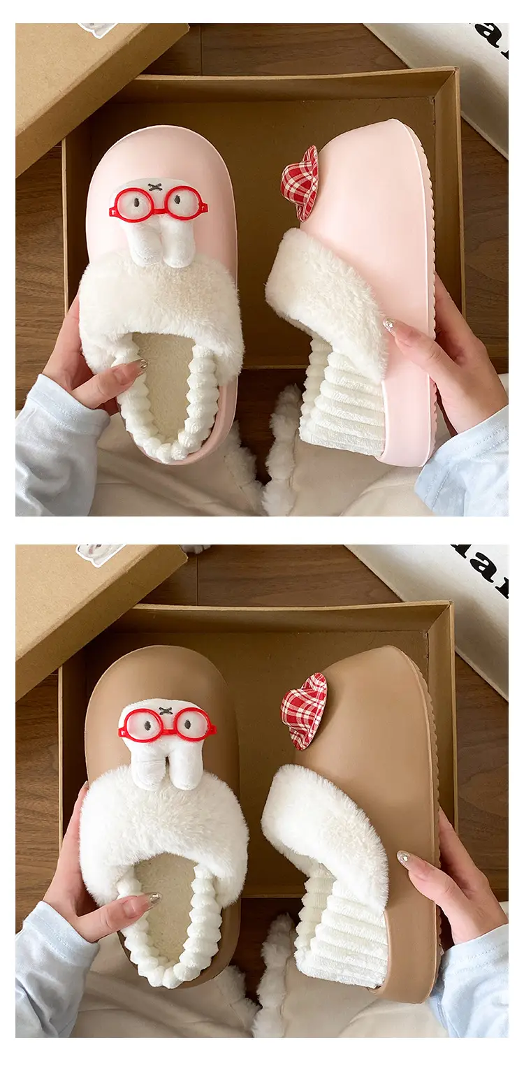 Cartoon Miffy Warm Slippers Women Pink Fleece Lined — feature 15
