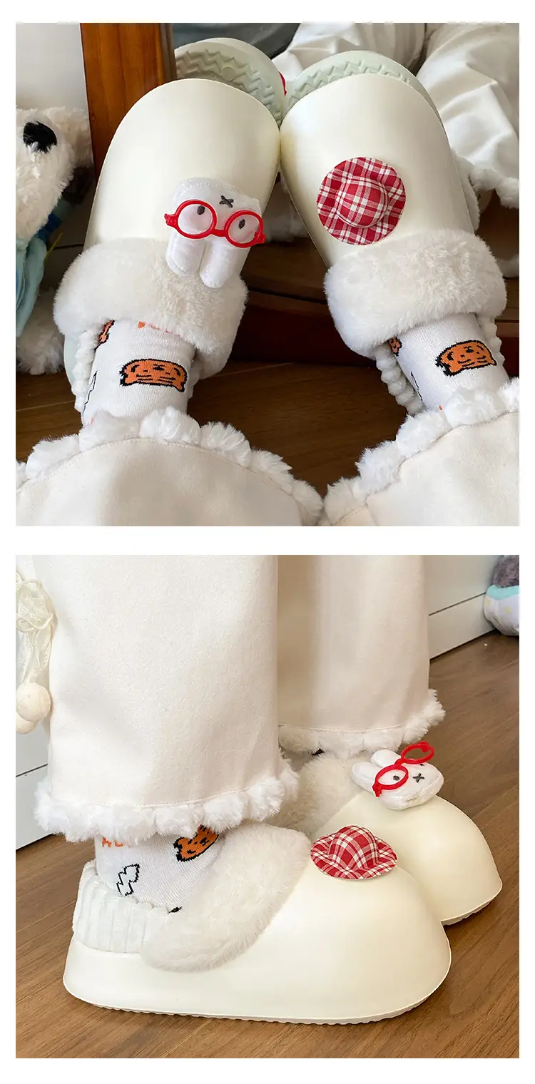 Cartoon Miffy Warm Slippers Women Pink Fleece Lined — feature 22