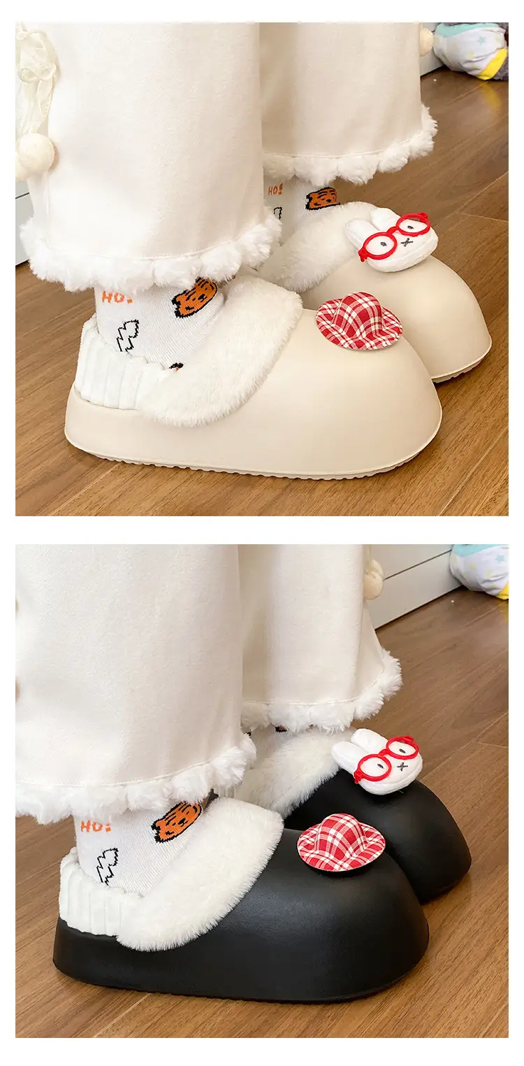 Cartoon Miffy Warm Slippers Women Pink Fleece Lined — feature 23