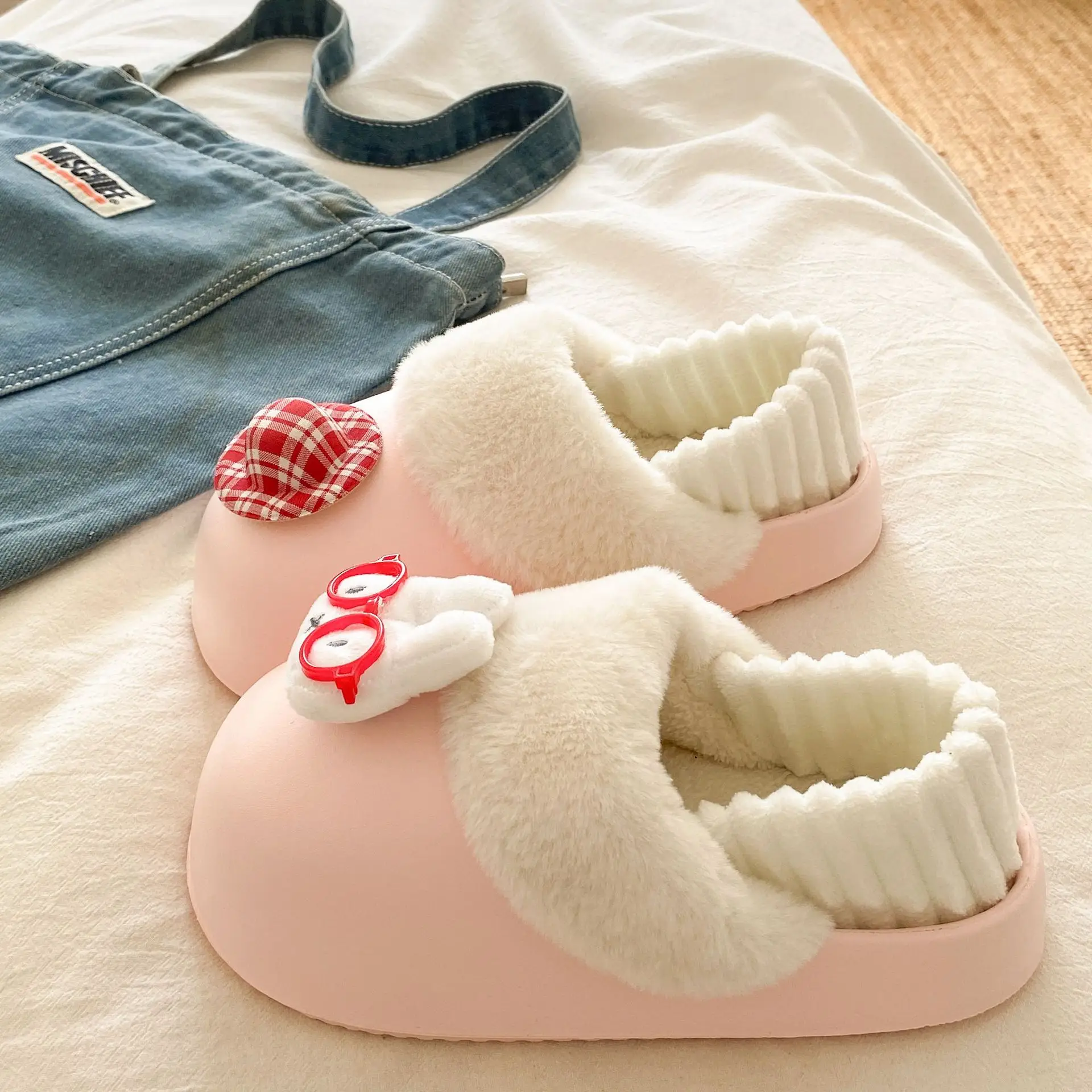 Cartoon Miffy Warm Slippers Women Pink Fleece Lined - Image 4