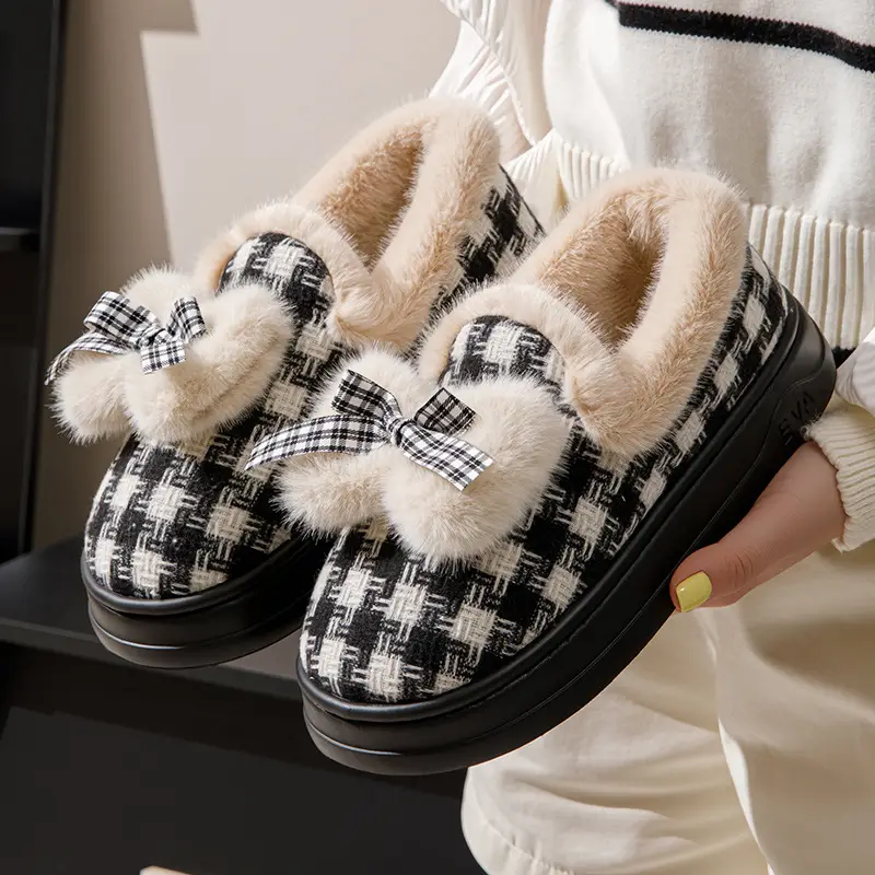 Cross-Border Cotton Slippers New Autumn and Winter Cotton Shoes with Plush Lining, Warm Soft-Soled Maternity Shoes for Women, Japanese-Style Bow Cotton Shoes - Image 4