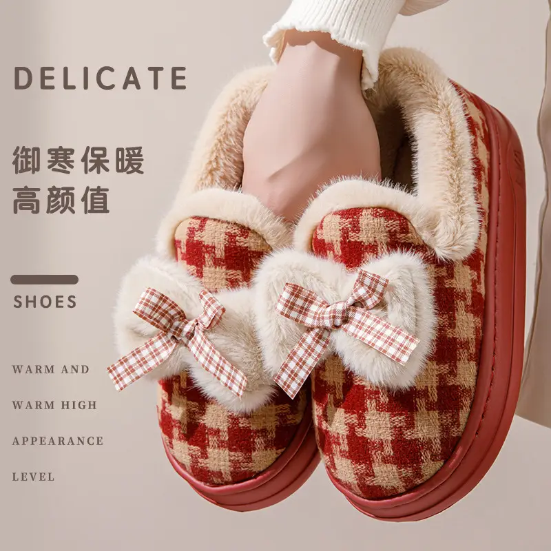 Cross-Border Cotton Slippers New Autumn and Winter Cotton Shoes with Plush Lining, Warm Soft-Soled Maternity Shoes for Women, Japanese-Style Bow Cotton Shoes - Image 5