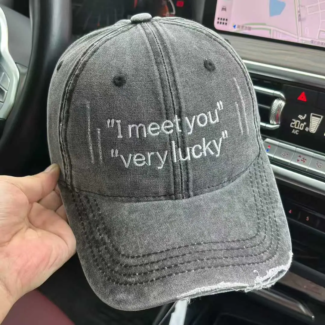 Men Women "Meet You" Very Lucky Baseball Cap Grey - Image 4