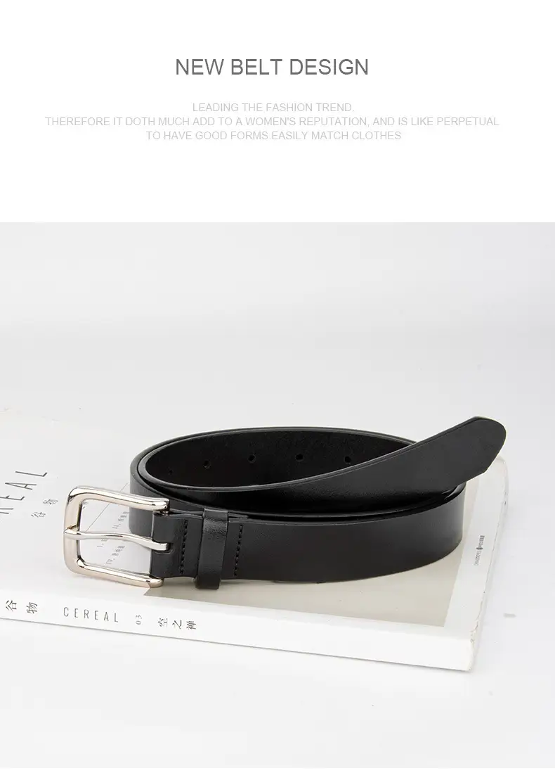 Women's Black Genuine Leather Belt Casual Gold Buckle — feature 10