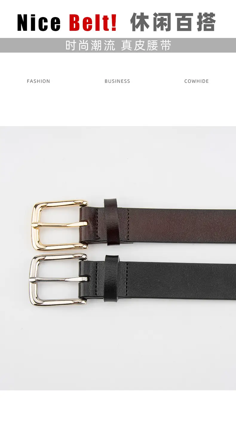 Women's Black Genuine Leather Belt Casual Gold Buckle — feature 3