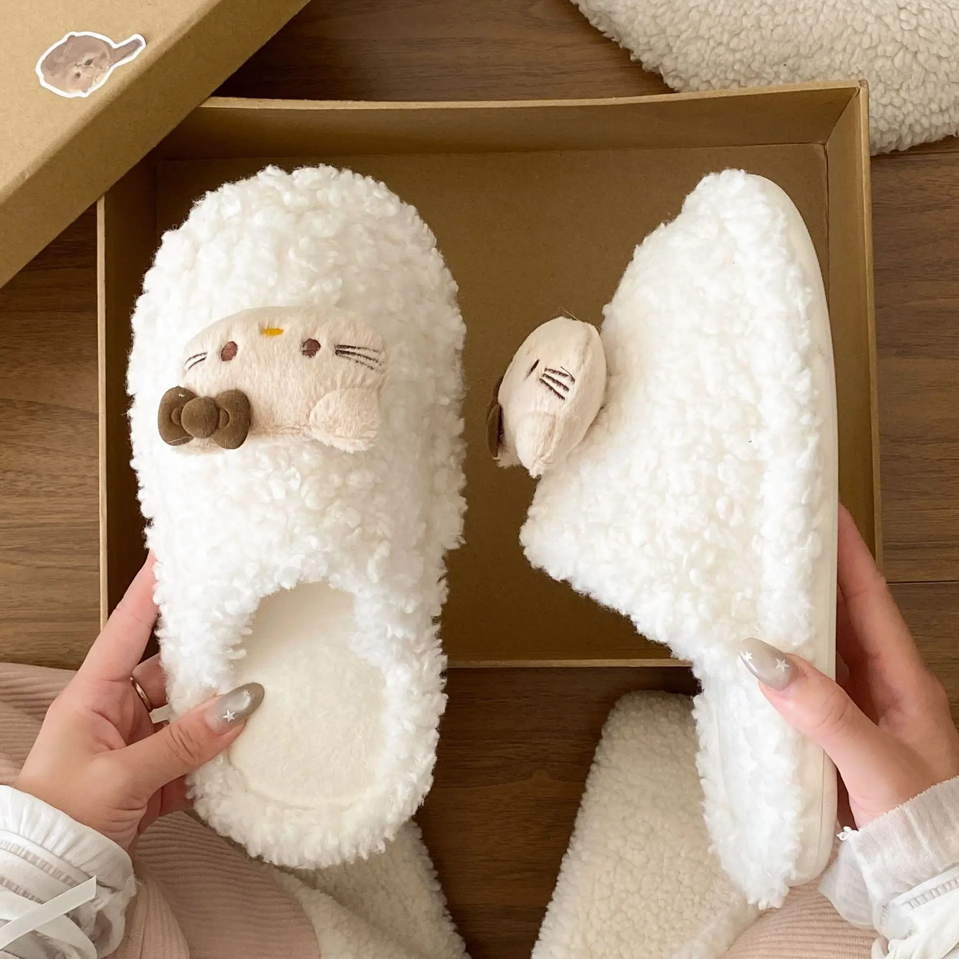 Cute Hello Kitty Furry Slippers Women Warm Cotton Winter Slippers