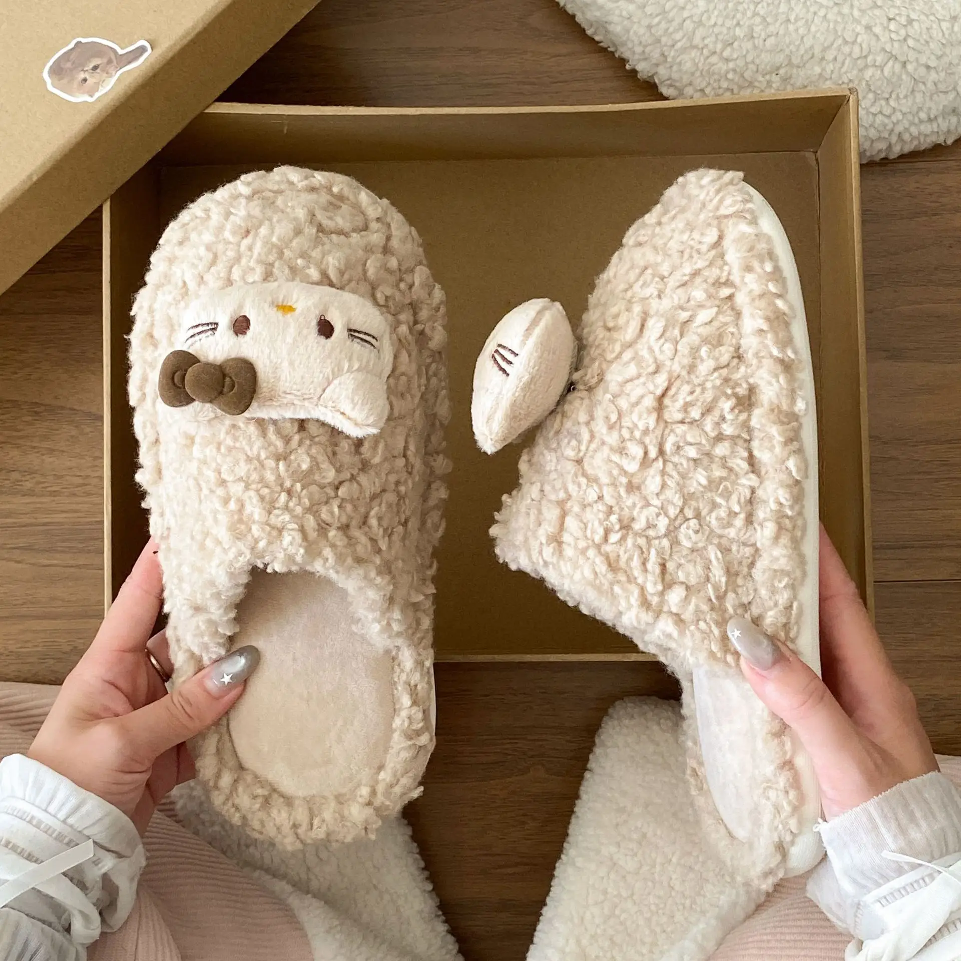 Cute Hello Kitty Furry Slippers Women Warm Cotton Winter Slippers