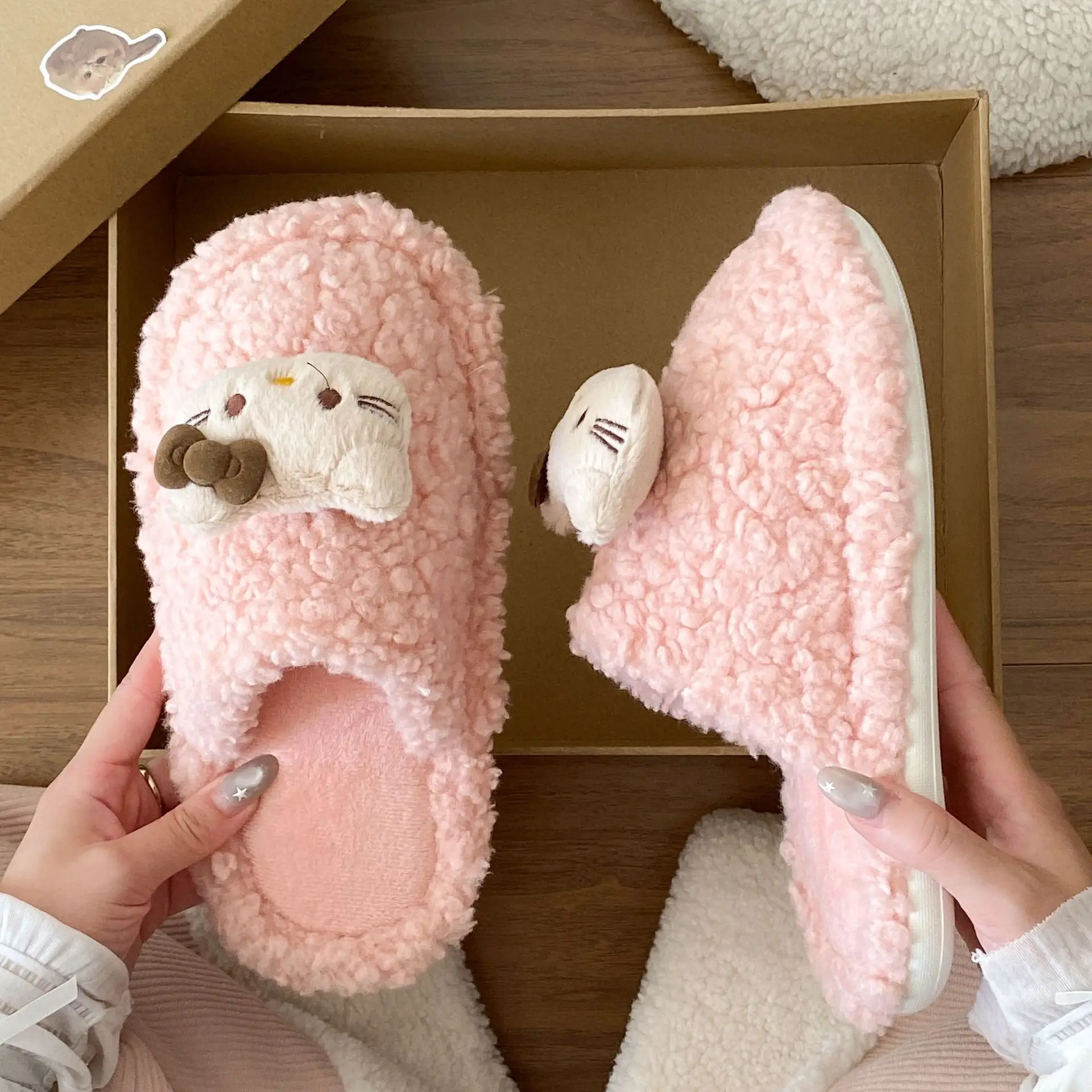 Cute Hello Kitty Furry Slippers Women Warm Cotton Winter Slippers