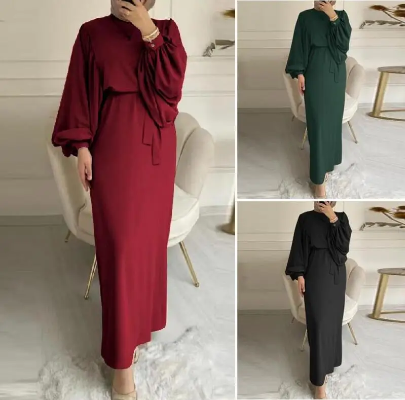 Cross-Border Long Sleeve Muslim Robe Dress Solid Color — feature 1