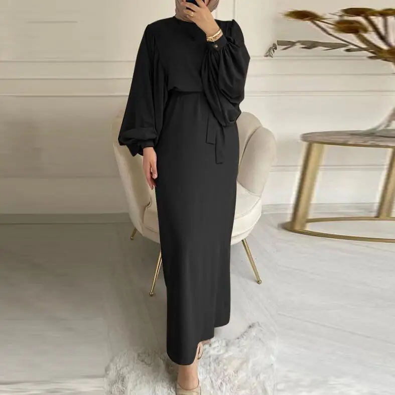 Cross-Border Long Sleeve Muslim Robe Dress Solid Color — feature 2