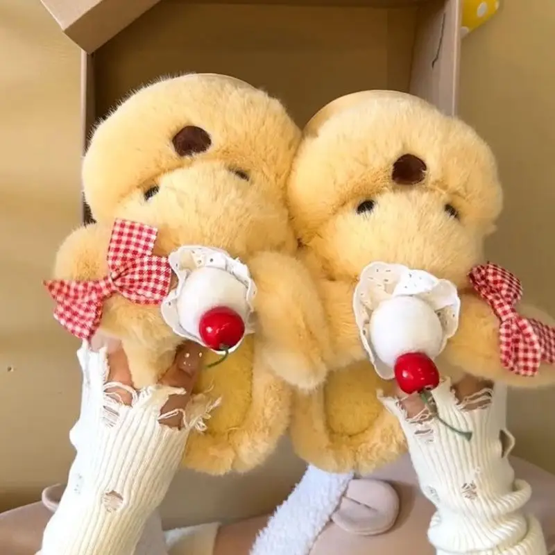 Puppy Bow Cotton Slippers for Women Winter Warm