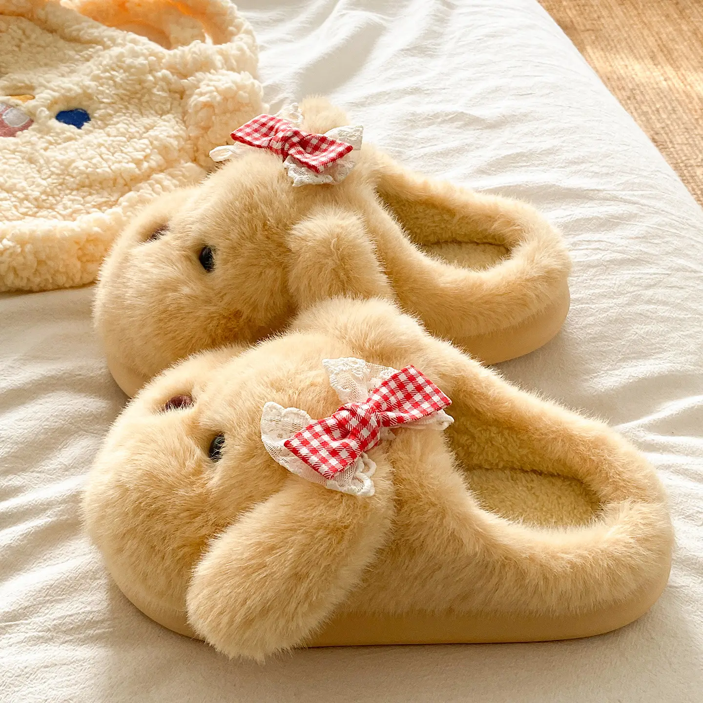 Puppy Bow Cotton Slippers for Women Winter Warm