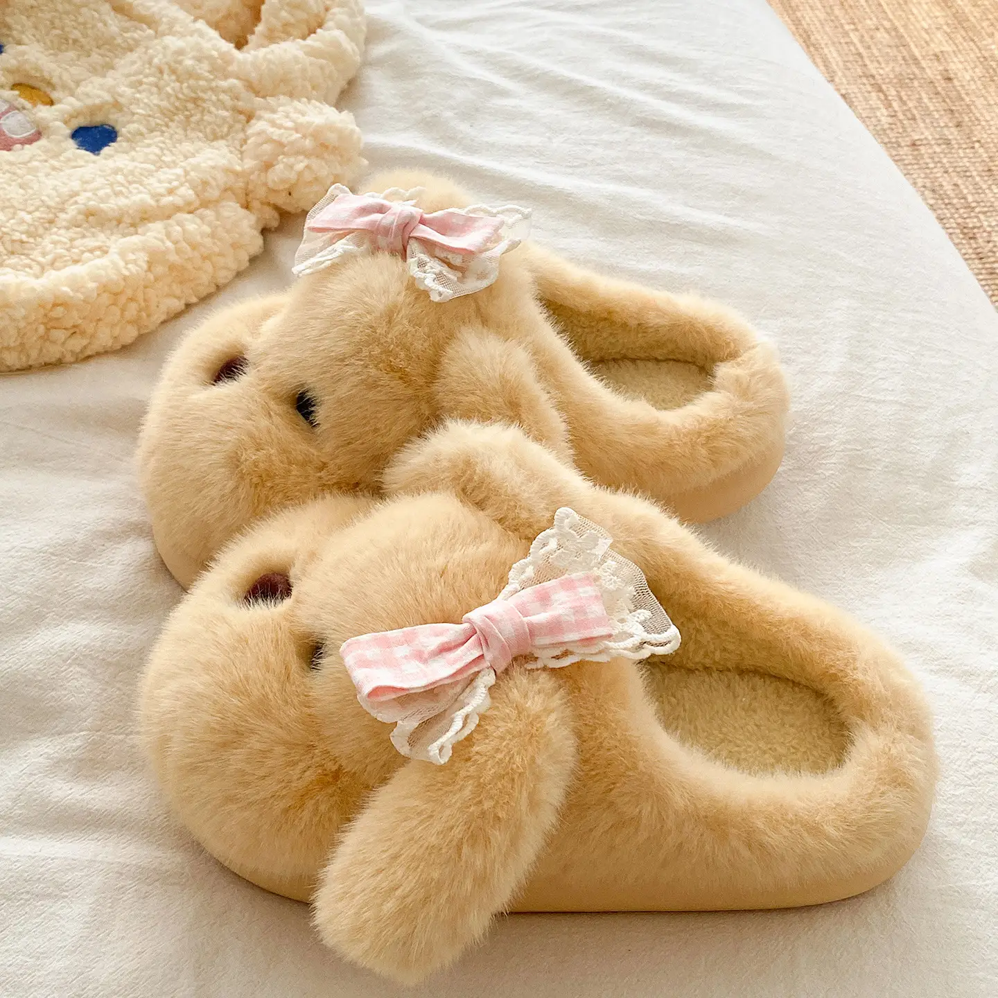 Puppy Bow Cotton Slippers for Women Winter Warm