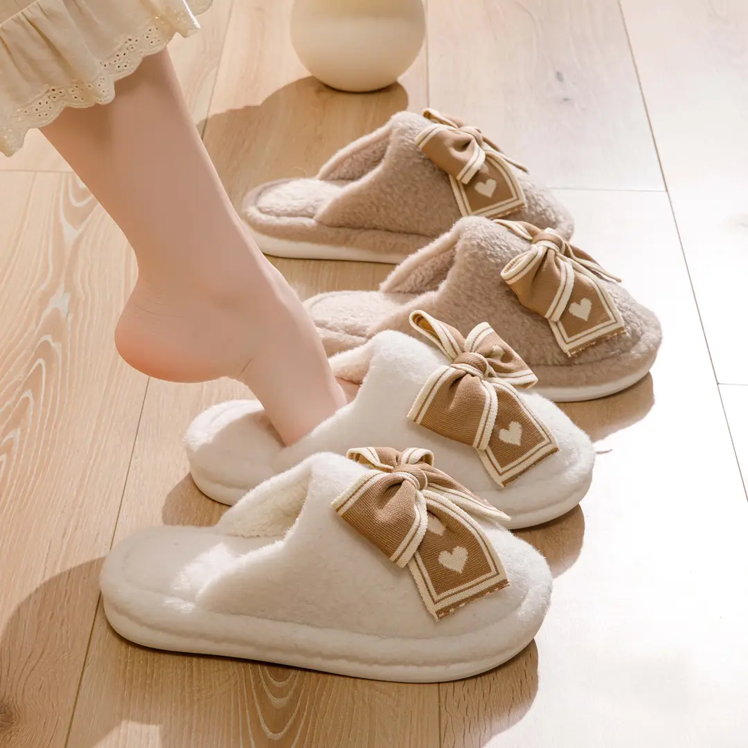 Bow-Knot Cotton Slippers for Women, Autumn and Winter Home Indoor Warm Plush Thick-Soled Non-Slip Confinement Cotton Slippers - Image 5