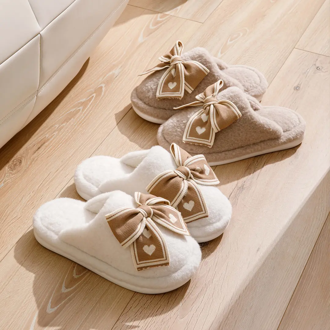 Bow-Knot Cotton Slippers for Women, Autumn and Winter Home Indoor Warm Plush Thick-Soled Non-Slip Confinement Cotton Slippers - Image 6