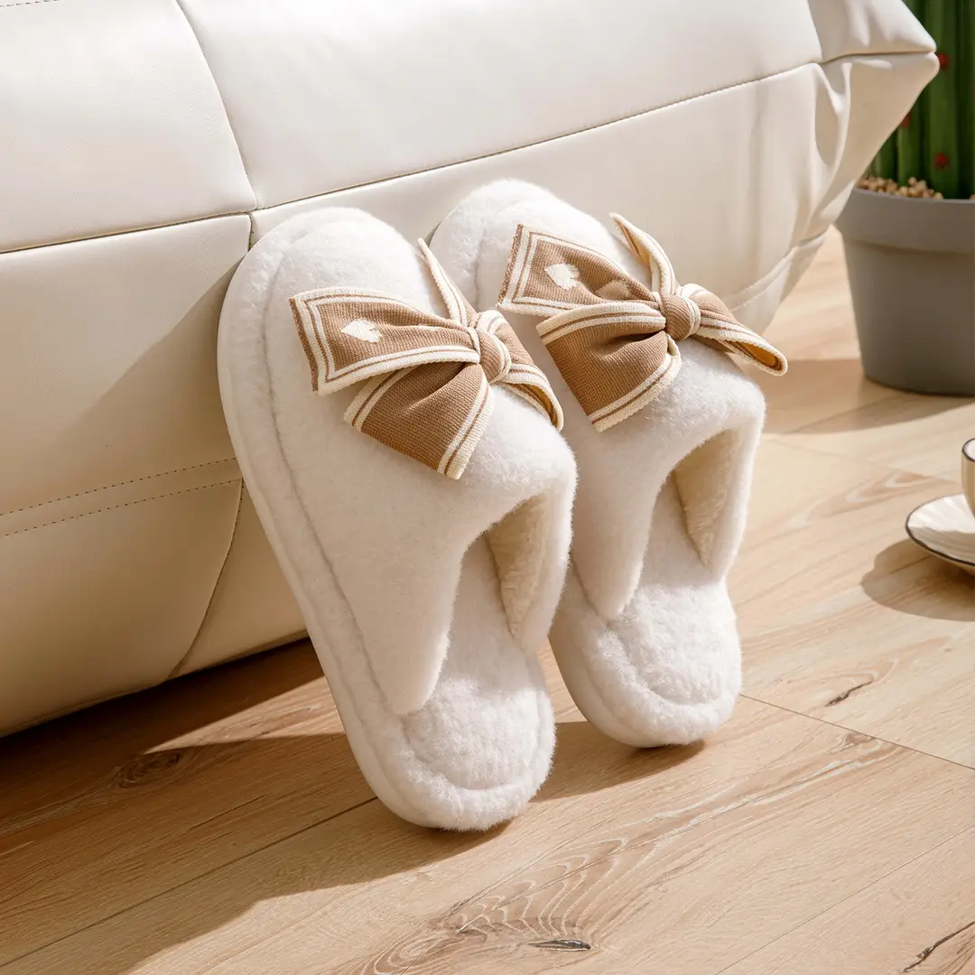 Bow-Knot Cotton Slippers for Women, Autumn and Winter Home Indoor Warm Plush Thick-Soled Non-Slip Confinement Cotton Slippers - Image 7